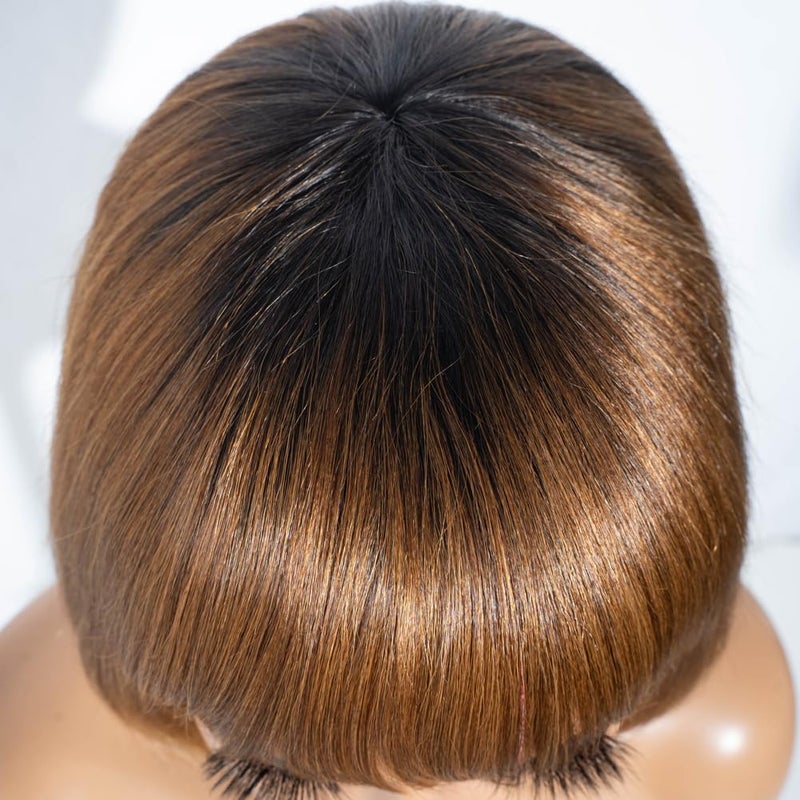 Spotlight 8 Inch Straight Bob Wig with Bangs Human Hair 180% Density Short Bob Human Hair Wigs with Bangs None Lace Front Wigs Brazilian Straight Hair Wig for Black Women (Ombre Brown, TT1B/30 Color) - Image 4